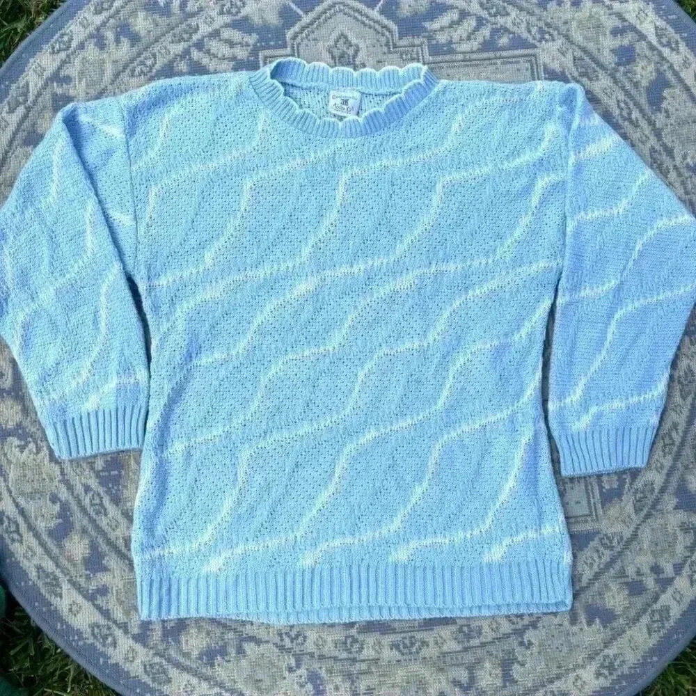 Vintage Centennial Knits Ltd Blue Scallop neck wavy 3D design white Medium 90s